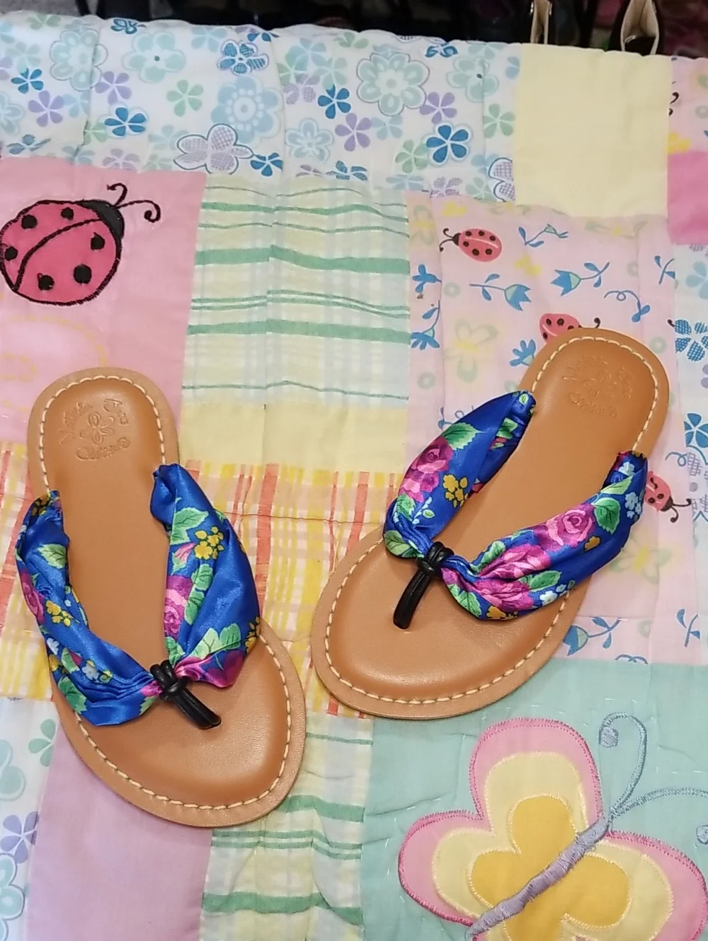 Matilda Jane Blue Floral Scarf Sandals with Tan Footbed Size 11